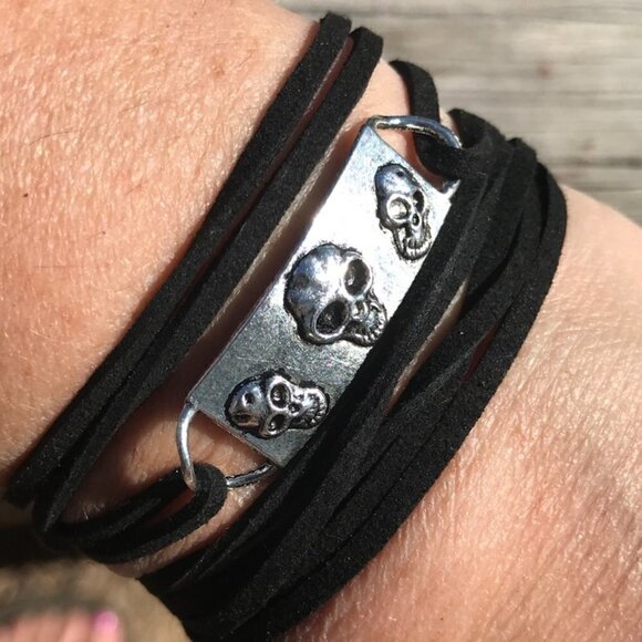 Tie Wrap Skull Silver Bracelet Cuff Yoga Boho Biker Gothic - Picture 2 of 9